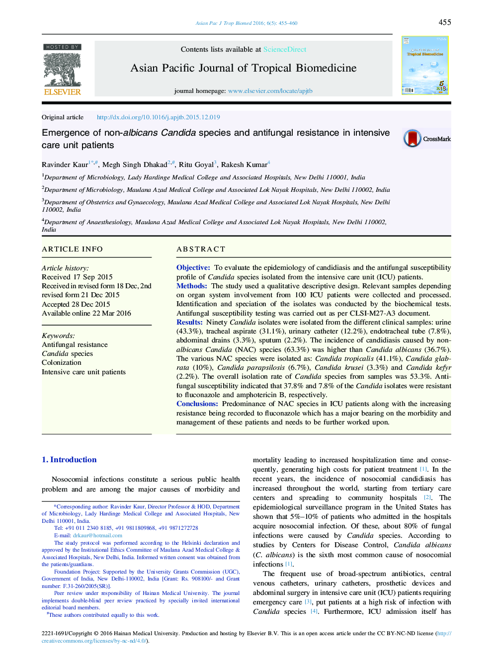 Emergence of non-albicans Candida species and antifungal resistance in intensive care unit patients 