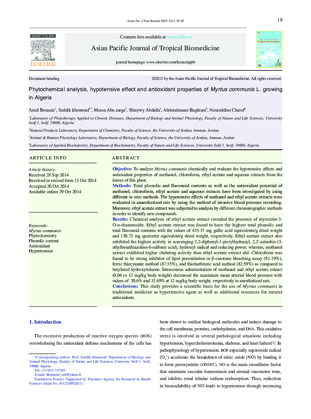 Phytochemical analysis, hypotensive effect and antioxidant properties of Myrtus communis L. growing in Algeria 