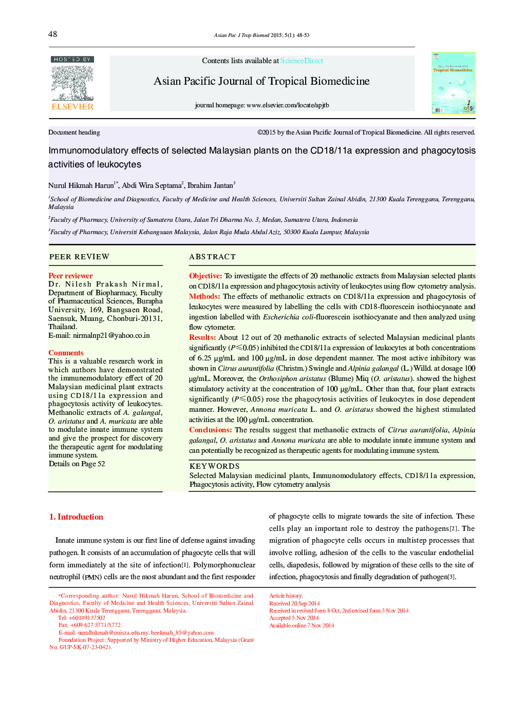 Immunomodulatory effects of selected Malaysian plants on the CD18/11a expression and phagocytosis activities of leukocytes 