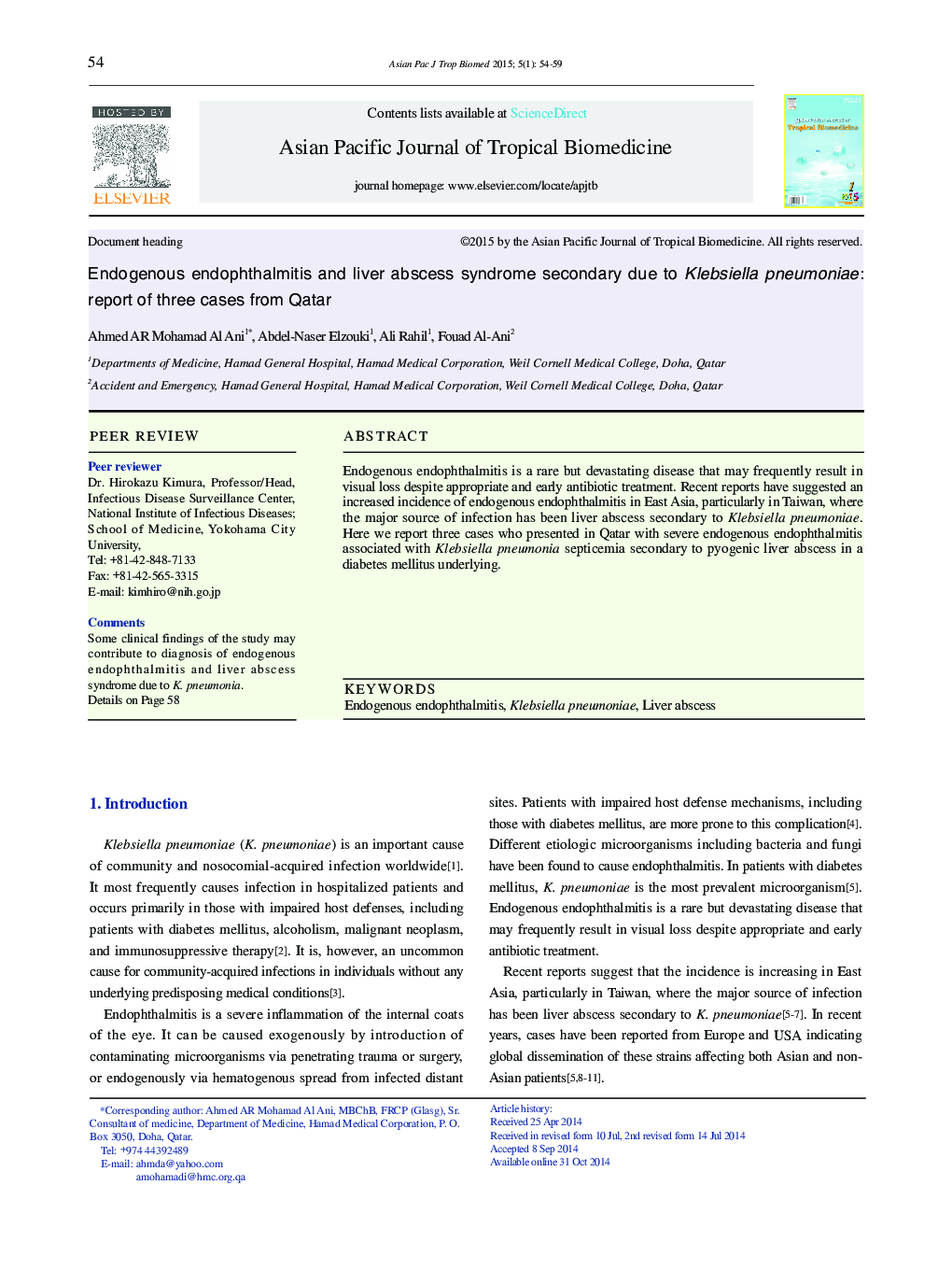 Endogenous endophthalmitis and liver abscess syndrome secondary due to Klebsiella pneumoniae: report of three cases from Qatar 