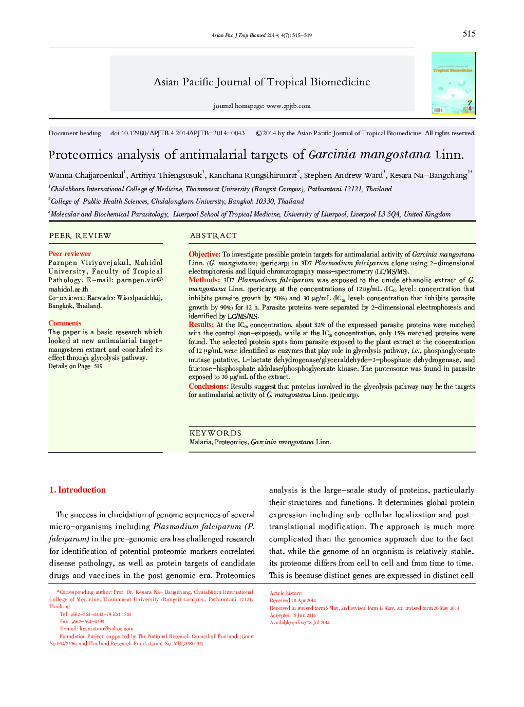 Proteomics analysis of antimalarial targets of Garcinia mangostana Linn. 