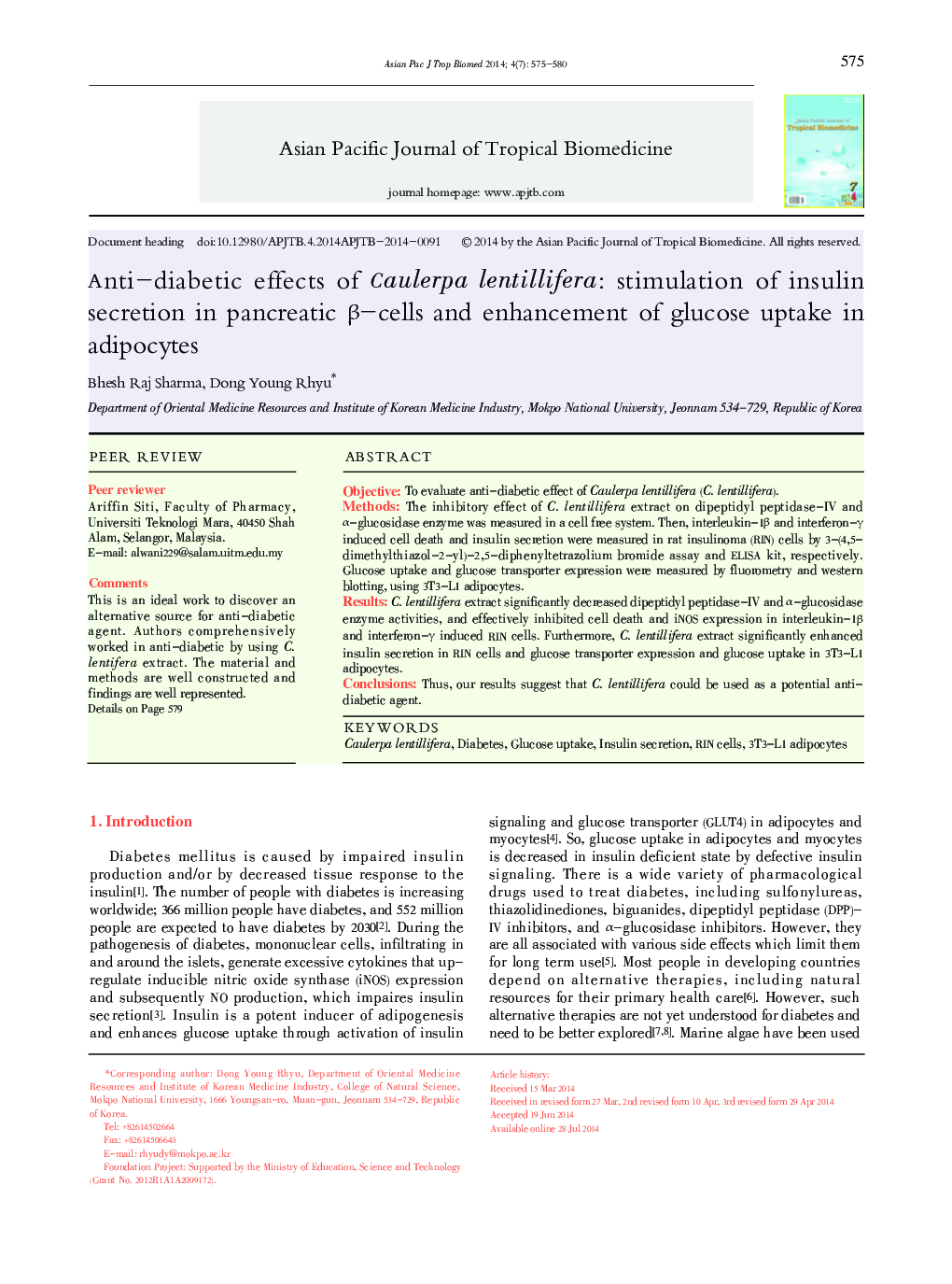 Anti-diabetic effects of Caulerpa lentillifera: stimulation of insulin secretion in pancreatic β-cells and enhancement of glucose uptake in adipocytes 