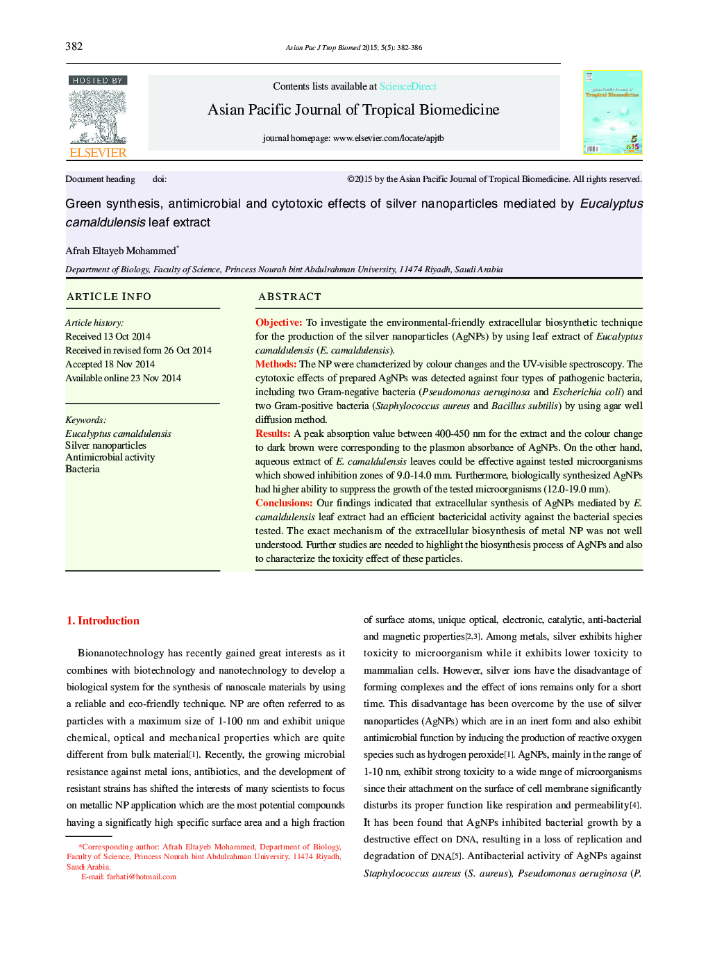 Green synthesis, antimicrobial and cytotoxic effects of silver nanoparticles mediated by Eucalyptus camaldulensis leaf extract 