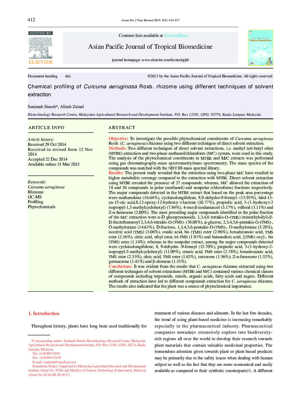 Chemical profiling of Curcuma aeruginosa Roxb. rhizome using different techniques of solvent extraction