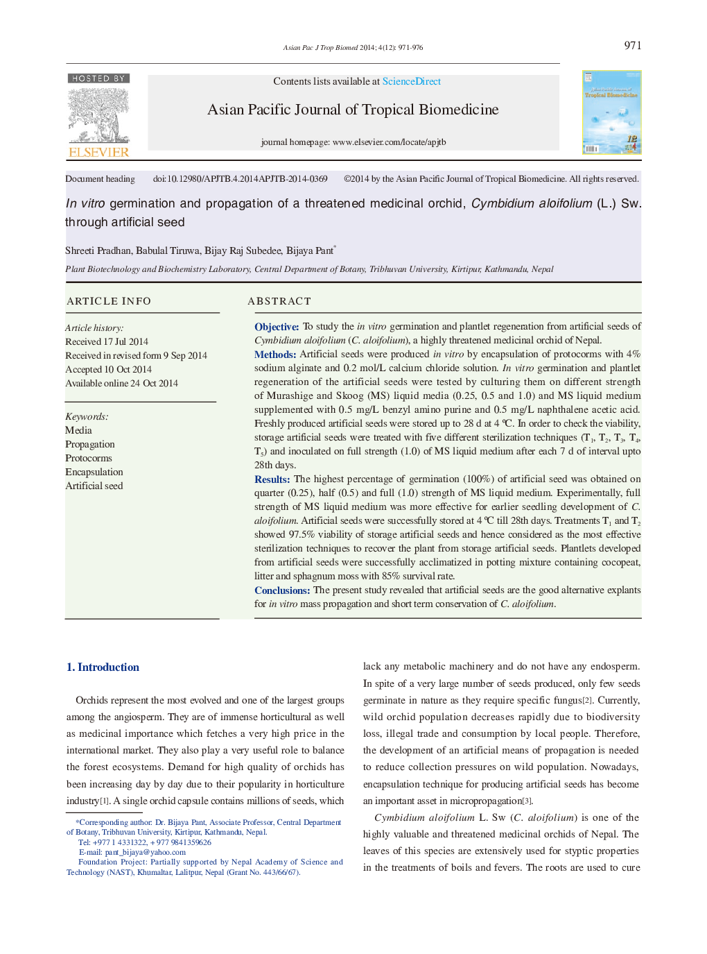 In vitro germination and propagation of a threatened medicinal orchid, Cymbidium aloifolium (L.) Sw. through artificial seed 