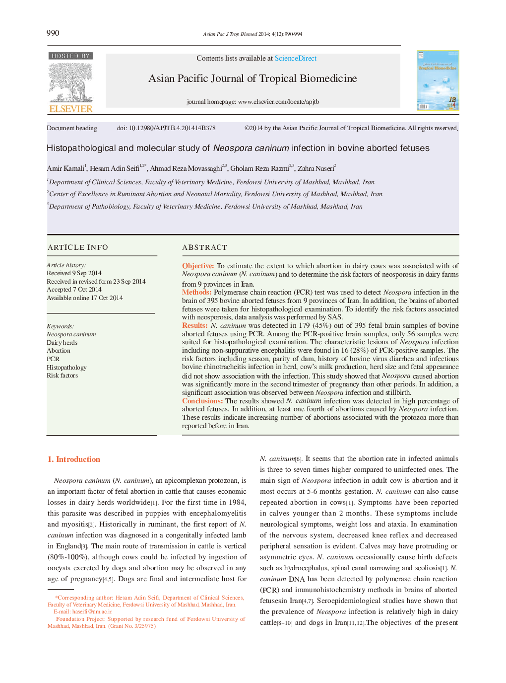 Histopathological and molecular study of Neospora caninum infection in bovine aborted fetuses 