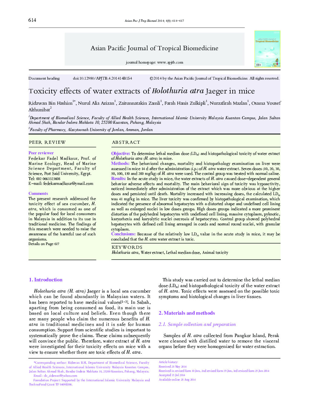 Toxicity effects of water extracts of H olothuria atra Jaeger in mice 