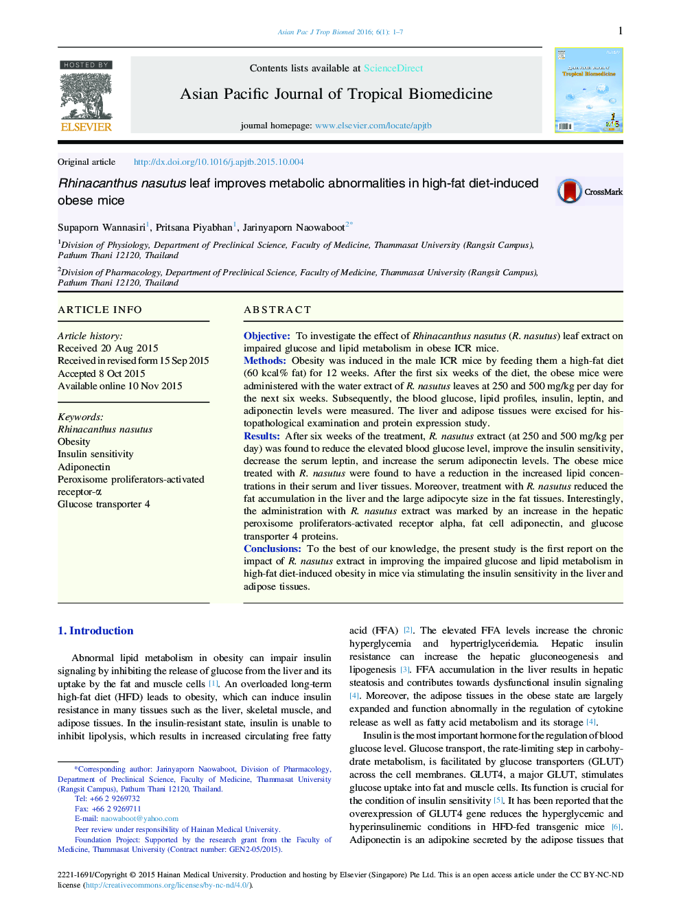 Rhinacanthus nasutus leaf improves metabolic abnormalities in high-fat diet-induced obese mice 