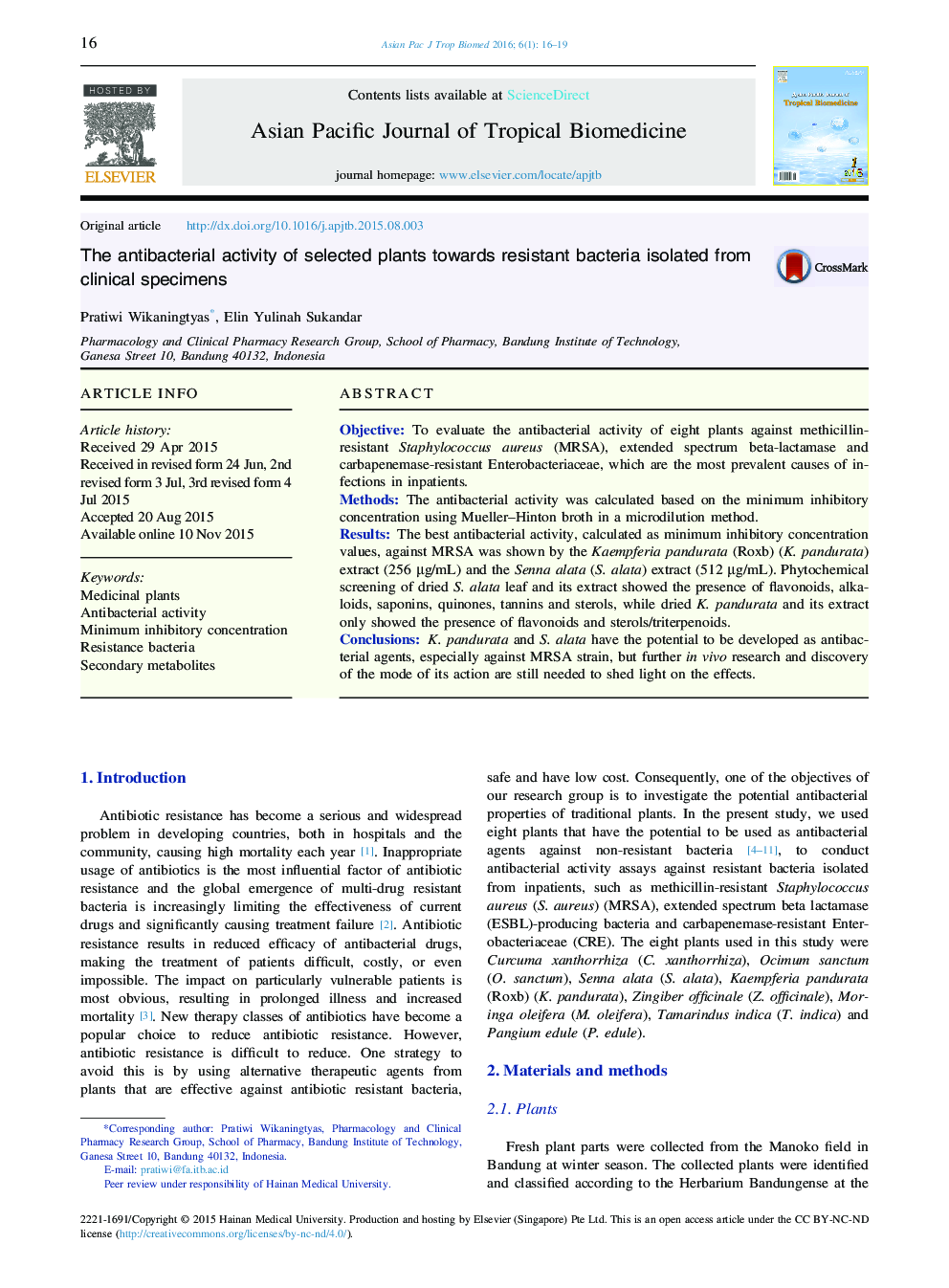 The antibacterial activity of selected plants towards resistant bacteria isolated from clinical specimens 