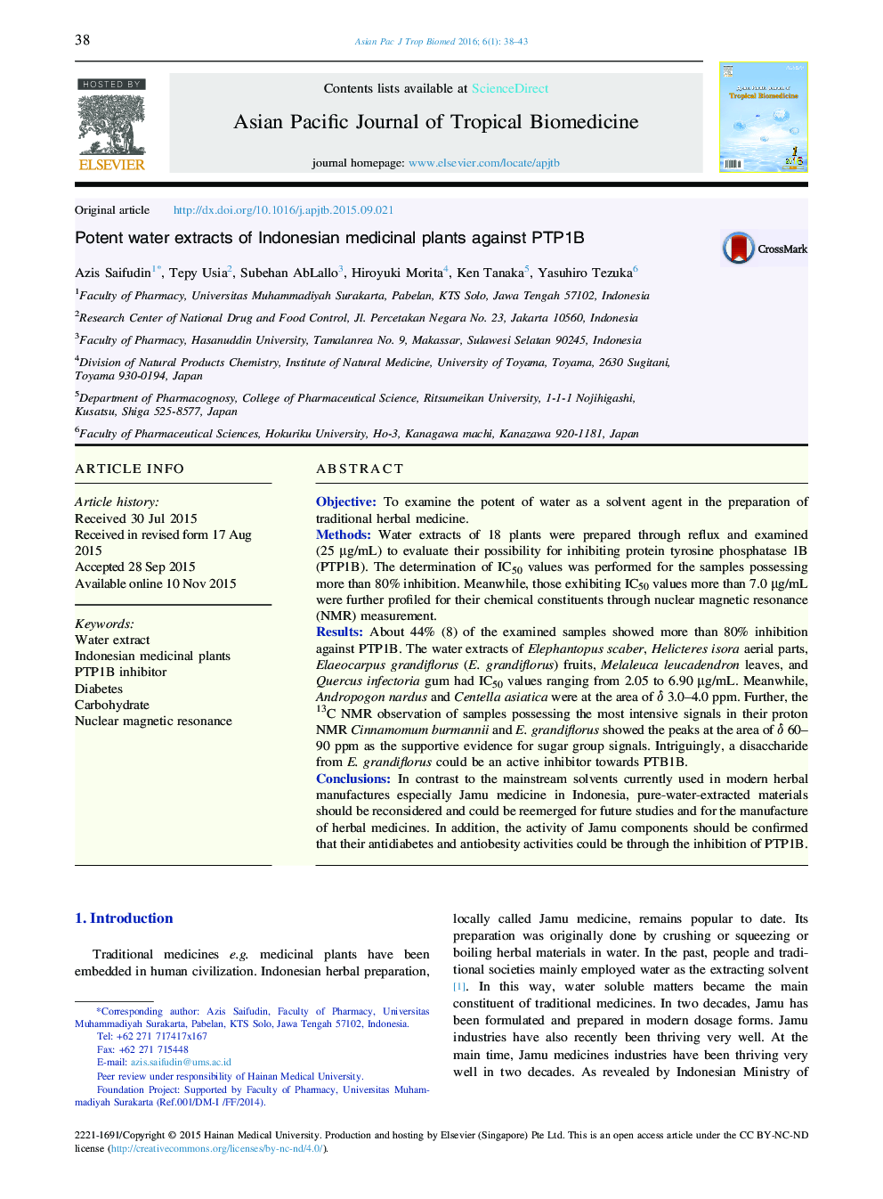 Potent water extracts of Indonesian medicinal plants against PTP1B 