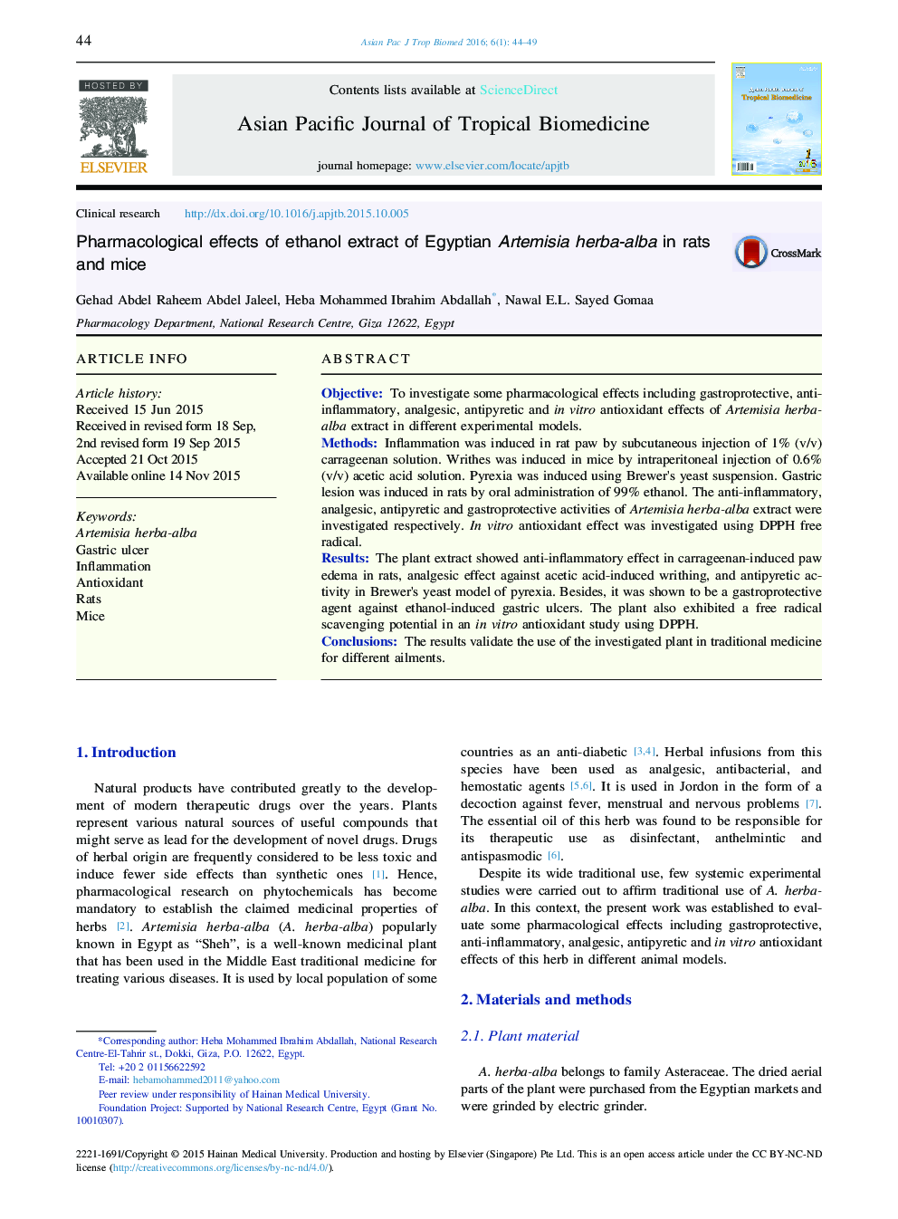 Pharmacological effects of ethanol extract of Egyptian Artemisia herba-alba in rats and mice 