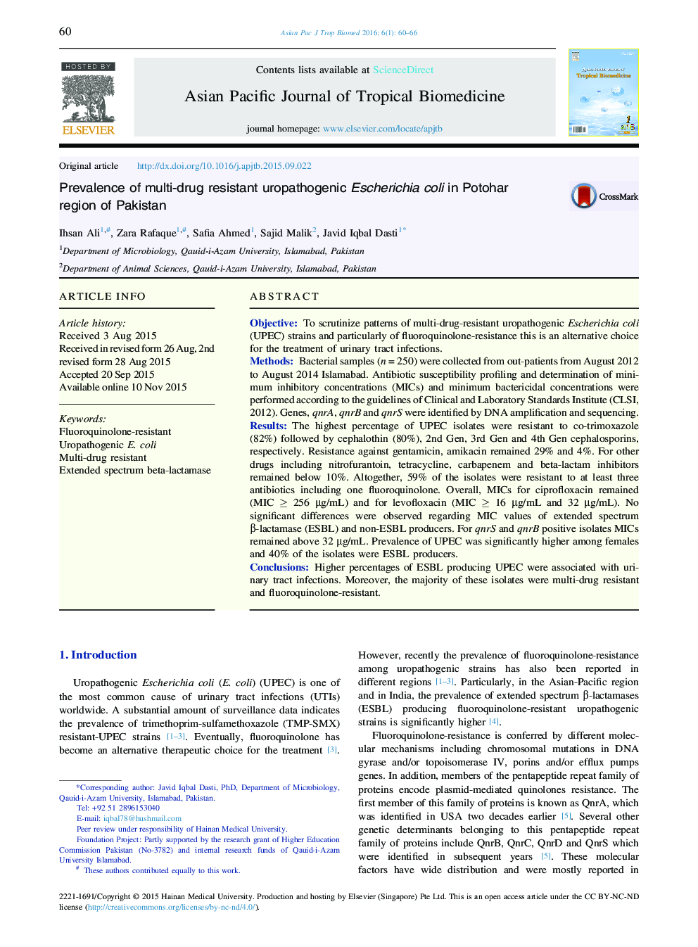 Prevalence of multi-drug resistant uropathogenic Escherichia coli in Potohar region of Pakistan 