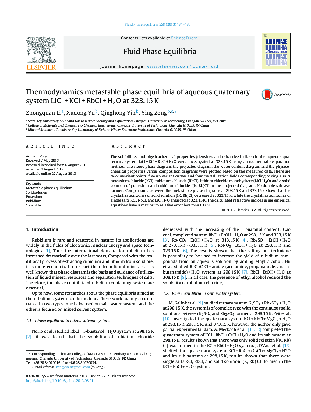عکس صفحه اول مقاله: Thermodynamics metastable phase equilibria of aqueous quaternary system LiCl + KCl + RbCl + H2O at 323.15 K Thermodynamics metastable phase equilibria of aqueous quaternary system LiCl + KCl + RbCl + H2O at 323.15 K
