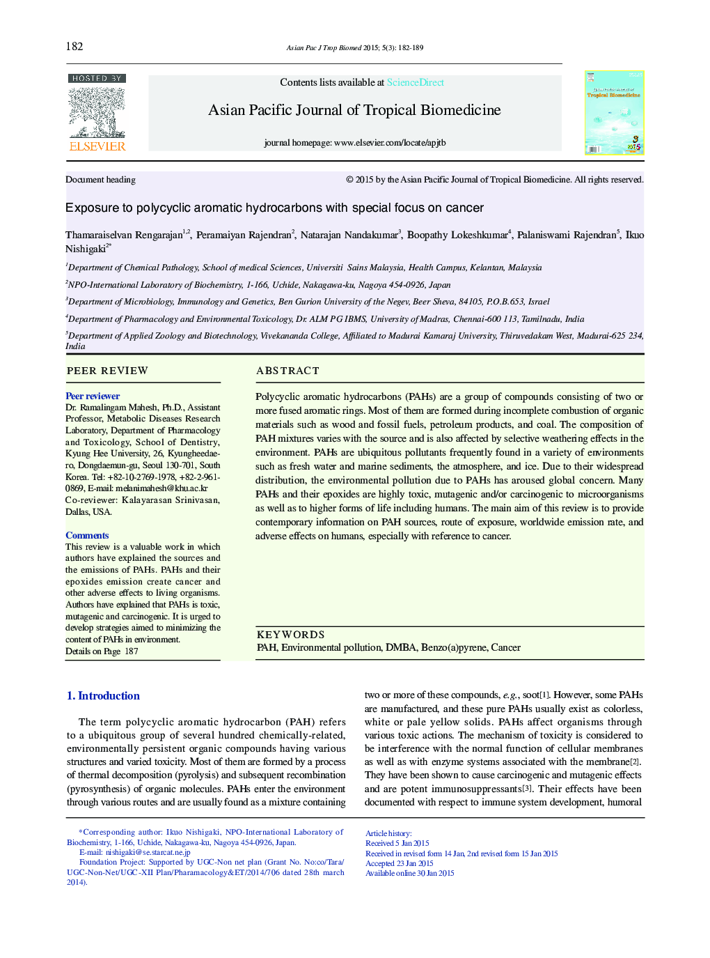 Exposure to polycyclic aromatic hydrocarbons with special focus on cancer 