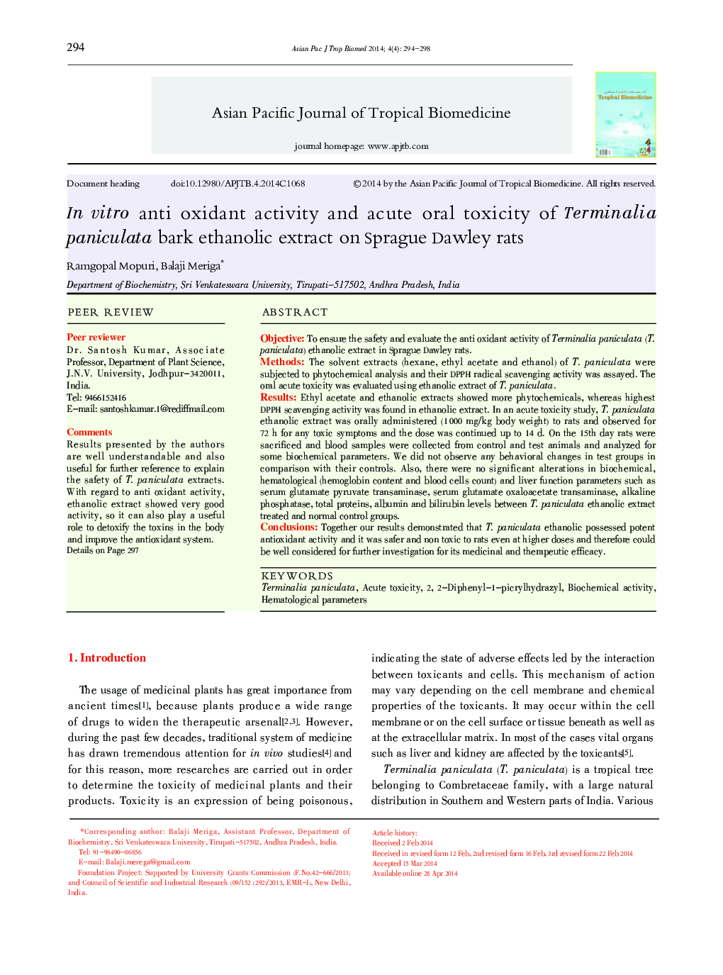 In vitro anti oxidant activity and acute oral toxicity of Terminalia paniculata bark ethanolic extract on Sprague Dawley rats 