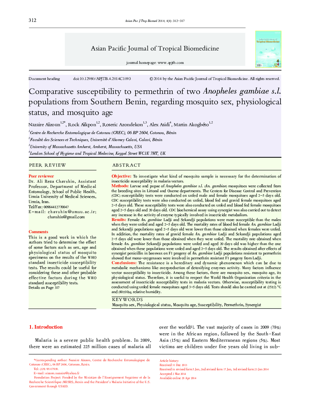 Comparative susceptibility to permethrin of two Anopheles gambiae s.l. populations from Southern Benin, regarding mosquito sex, physiological status, and mosquito age 