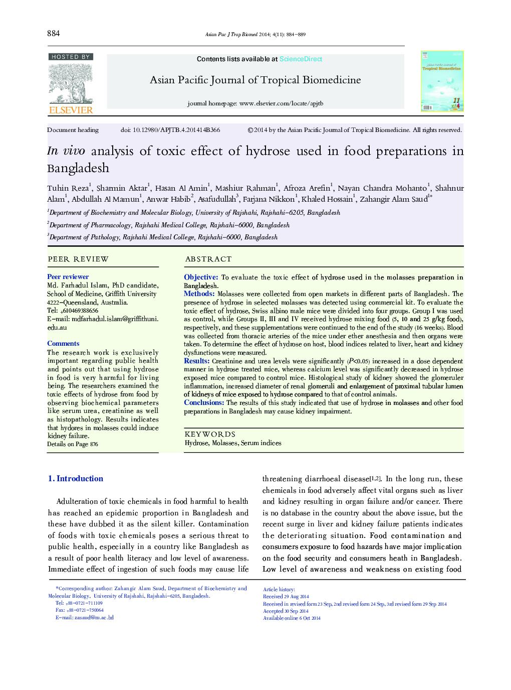 In vivo analysis of toxic effect of hydrose used in food preparations in Bangladesh 