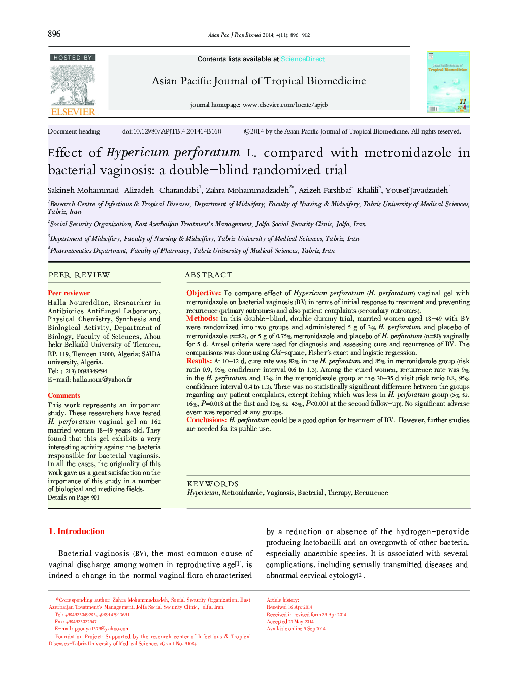 Effect of Hypericum perforatum L. compared with metronidazole in bacterial vaginosis: a double-blind randomized trial 