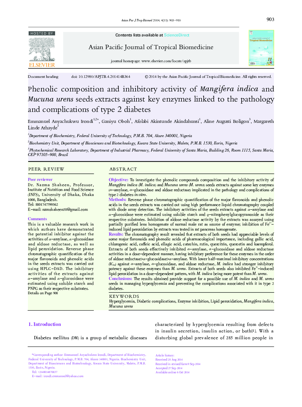 Phenolic composition and inhibitory activity of Mangifera indica and Mucuna urens seeds extracts against key enzymes linked to the pathology and complications of type 2 diabetes 