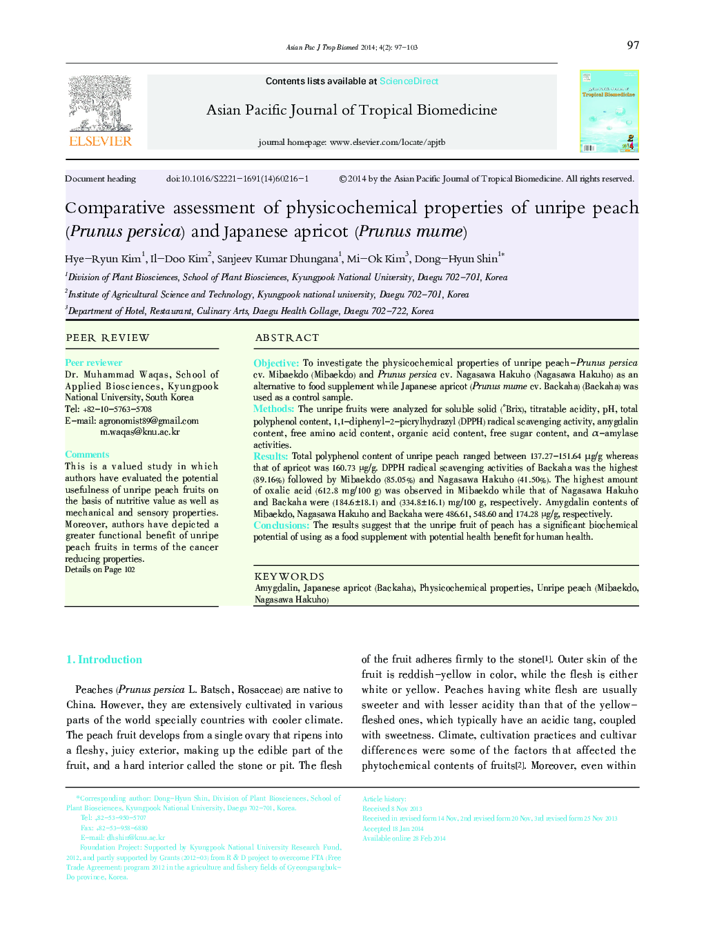 Comparative assessment of physicochemical properties of unripe peach (Prunus persica) and Japanese apricot (Prunus mume) 