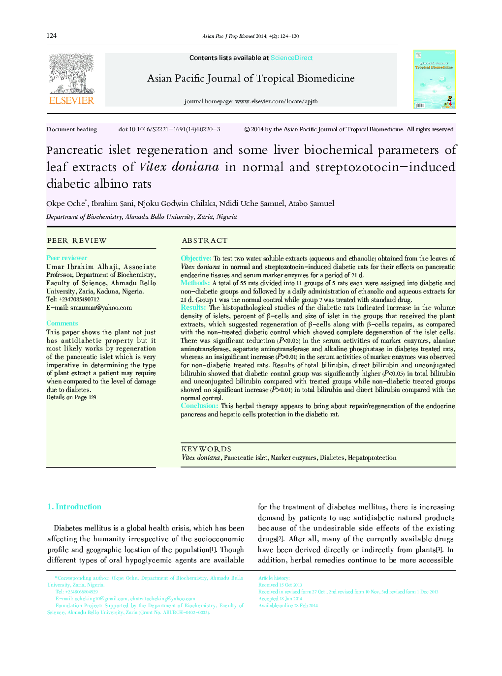 Pancreatic islet regeneration and some liver biochemical parameters of leaf extracts of Vitex doniana in normal and streptozotocin–induced diabetic albino rats 