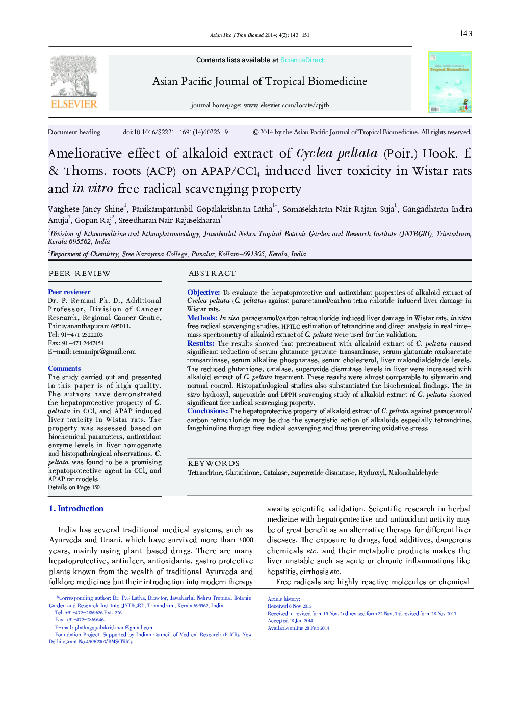 Ameliorative effect of alkaloid extract of Cyclea peltata (Poir.) Hook. f. & Thoms. roots (ACP) on APAP/CCl4 induced liver toxicity in Wistar rats and in vitro free radical scavenging property 