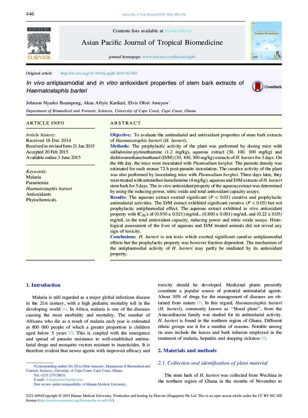 In vivo antiplasmodial and in vitro antioxidant properties of stem bark extracts of Haematostaphis barteri 