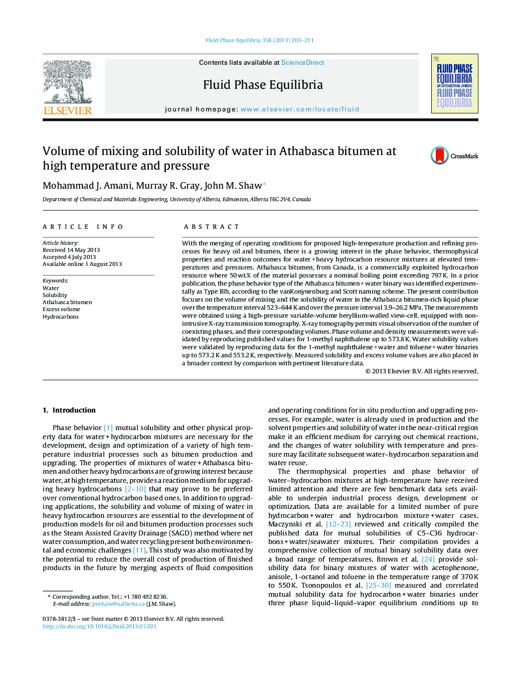 Volume of mixing and solubility of water in Athabasca bitumen at high temperature and pressure