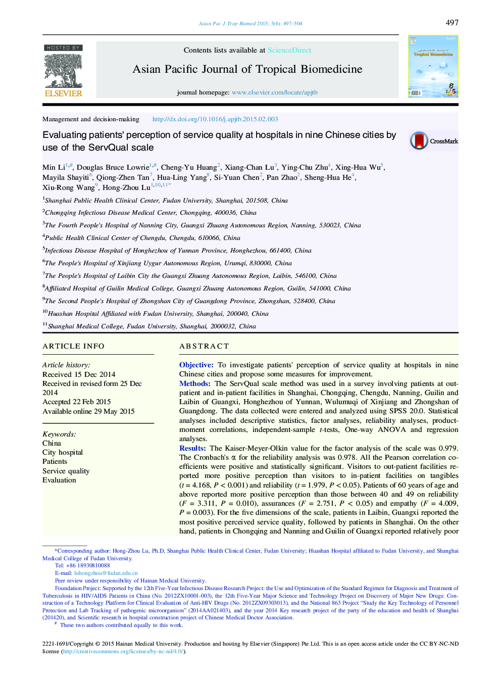 Evaluating patients' perception of service quality at hospitals in nine Chinese cities by use of the ServQual scale 