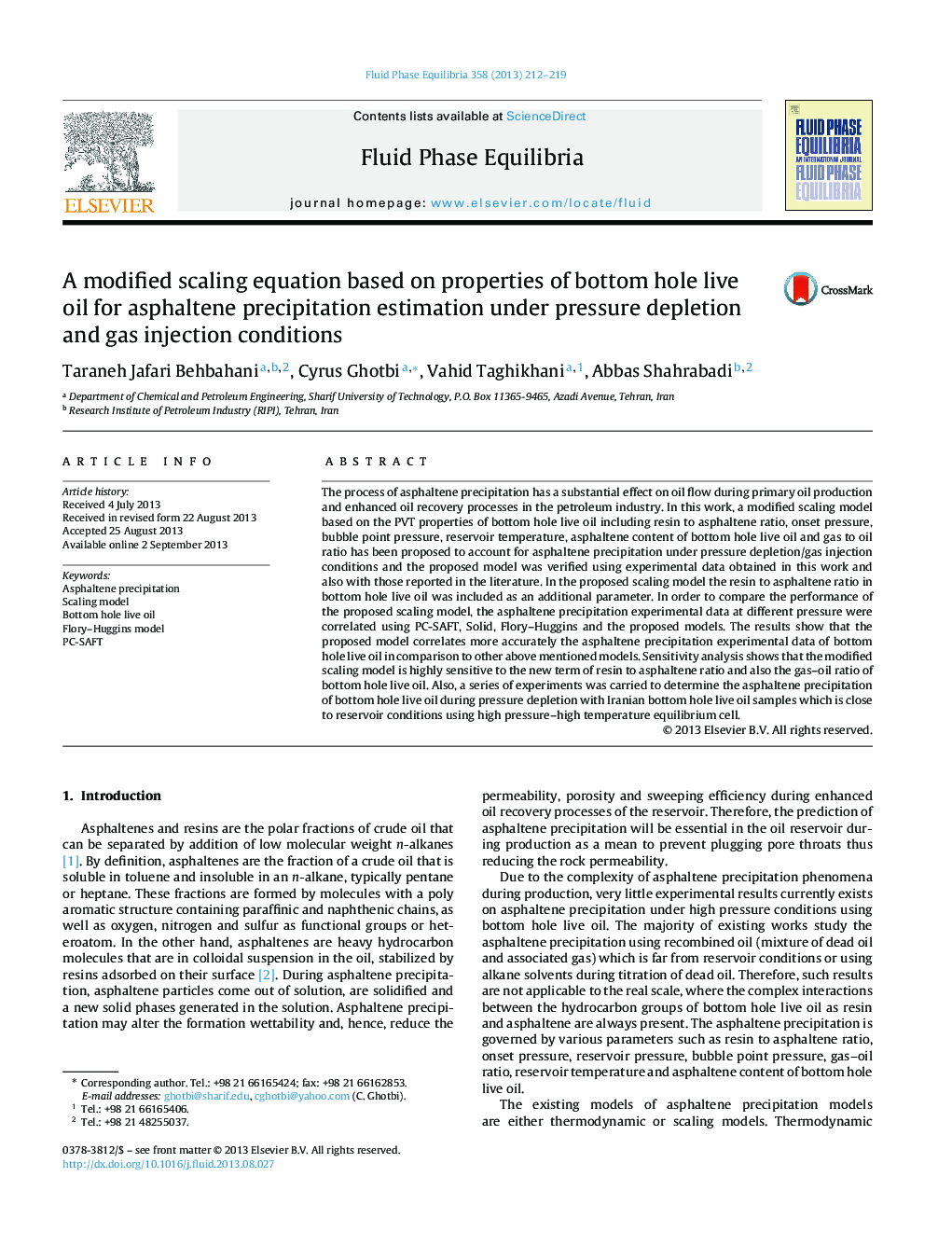 A modified scaling equation based on properties of bottom hole live oil for asphaltene precipitation estimation under pressure depletion and gas injection conditions