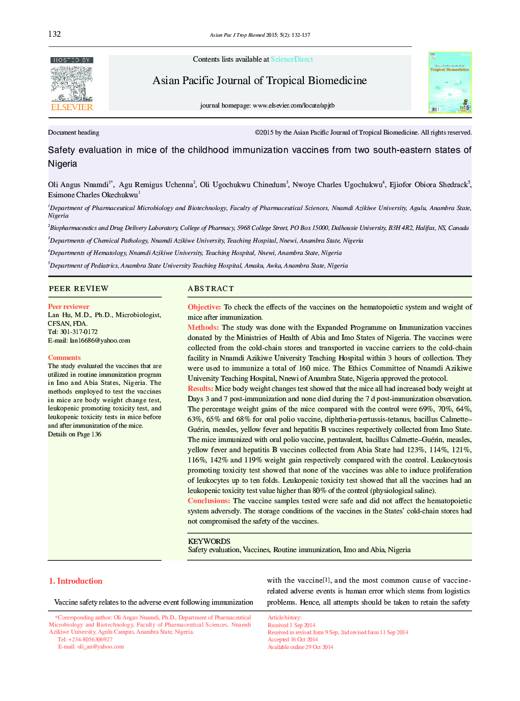 ارزیابی ایمنی در موش های واکسن های ایمن سازی دوران کودکی از دو کشور جنوب شرقی نیجریه 