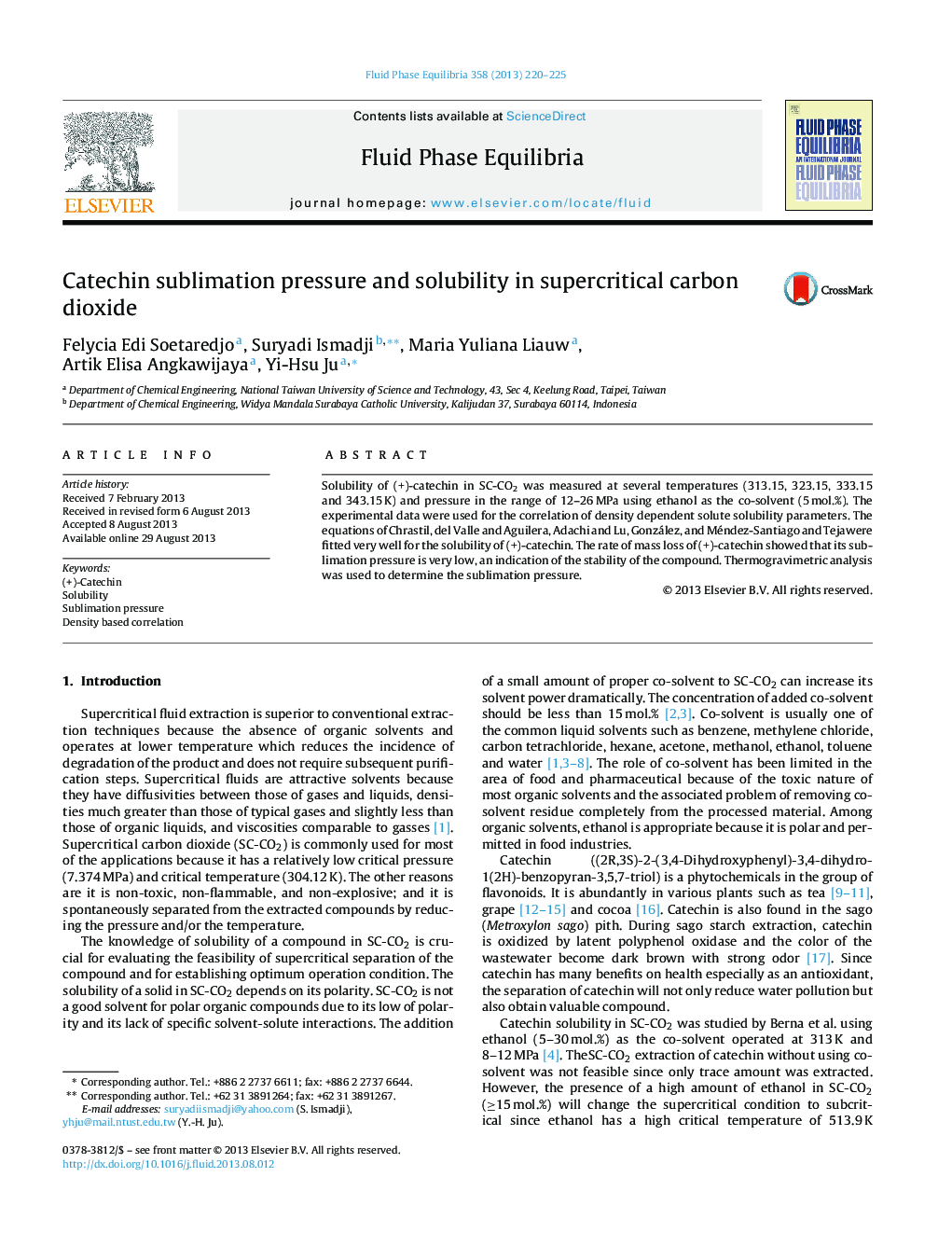 Catechin sublimation pressure and solubility in supercritical carbon dioxide