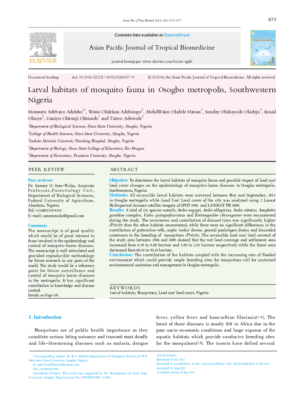 Larval habitats of mosquito fauna in Osogbo metropolis, Southwestern Nigeria