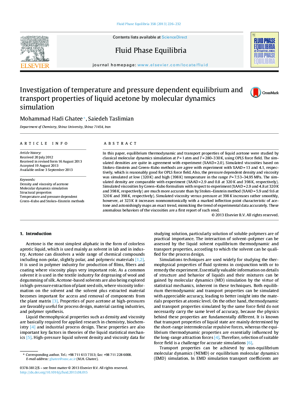 عکس صفحه اول مقاله: Investigation of temperature and pressure dependent equilibrium and transport properties of liquid acetone by molecular dynamics simulation Investigation of temperature and pressure dependent equilibrium and transport properties of liquid acetone by molecular dynamics simulation