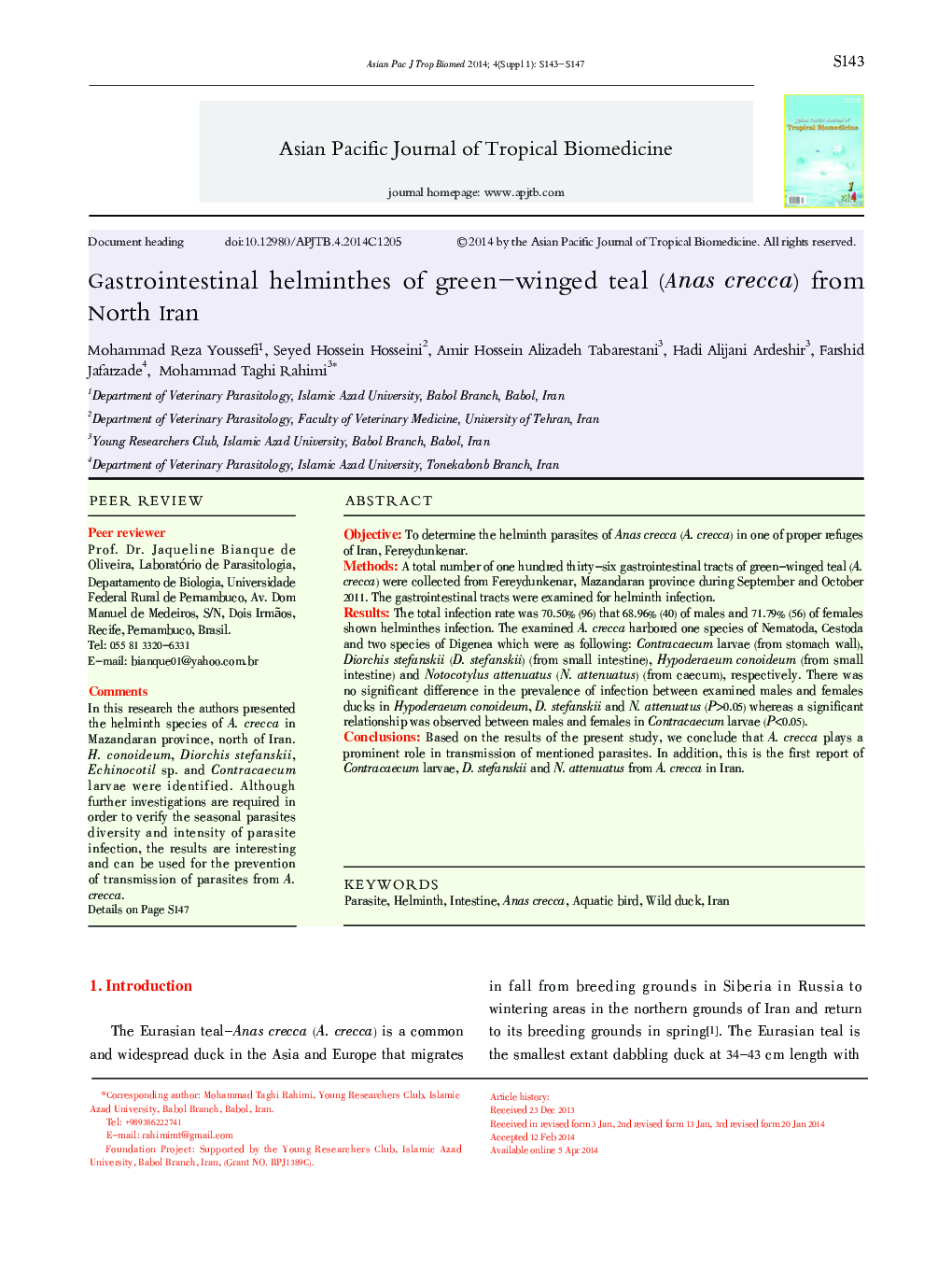 Gastrointestinal helminthes of green–winged teal (Anas crecca) from North Iran 