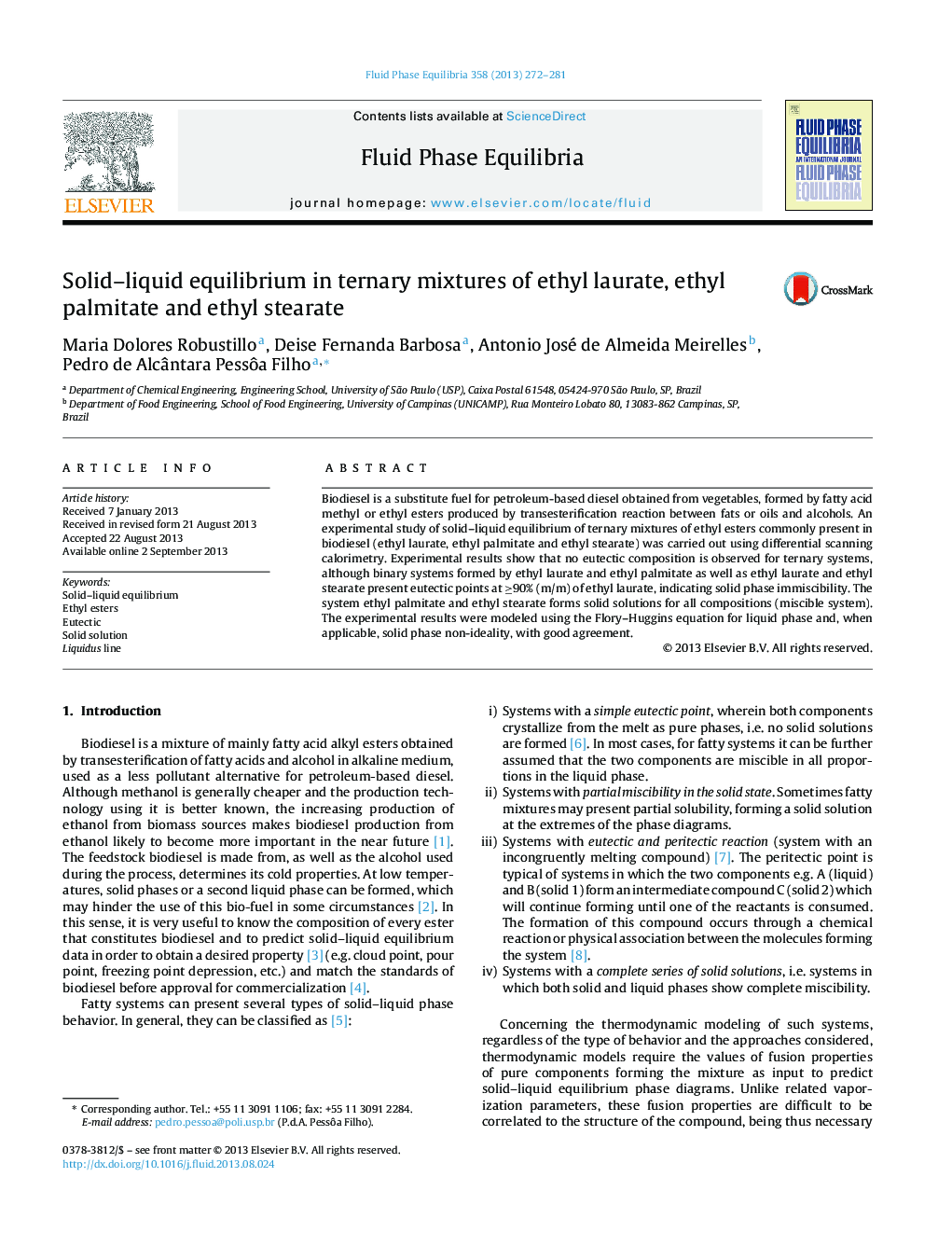 Solid–liquid equilibrium in ternary mixtures of ethyl laurate, ethyl palmitate and ethyl stearate