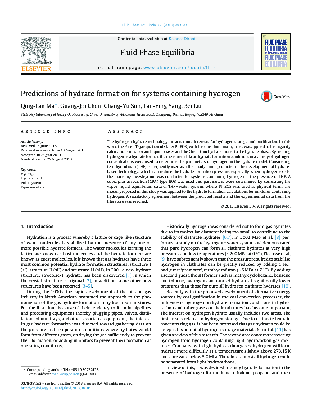 عکس صفحه اول مقاله: Predictions of hydrate formation for systems containing hydrogen Predictions of hydrate formation for systems containing hydrogen