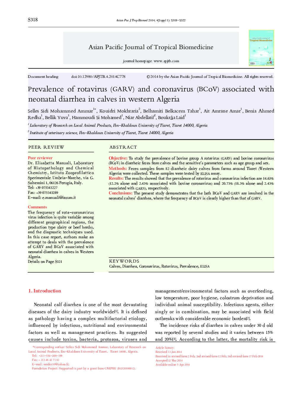 Prevalence of rotavirus (GARV) and coronavirus (BCoV) associated with neonatal diarrhea in calves in western Algeria