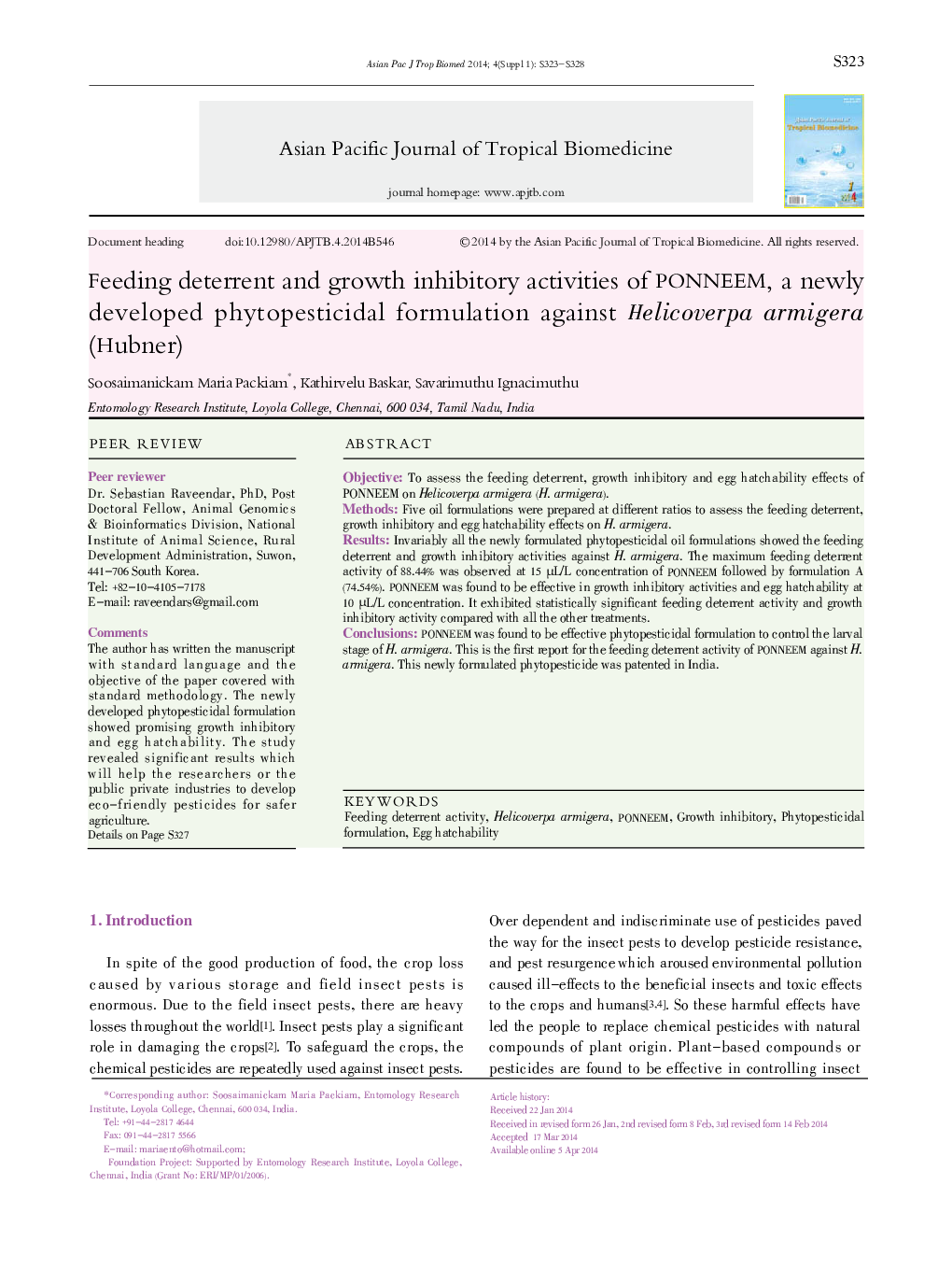 Feeding deterrent and growth inhibitory activities of PONNEEM, a newly developed phytopesticidal formulation against Helicoverpa armigera (Hubner) 