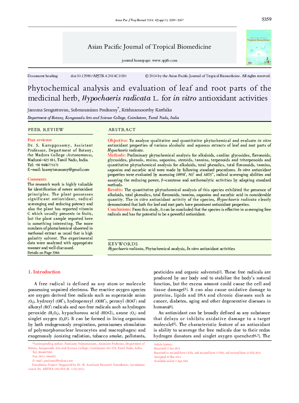 Phytochemical analysis and evaluation of leaf and root parts of the medicinal herb, Hypochaeris radicata L. for in vitro antioxidant activities 