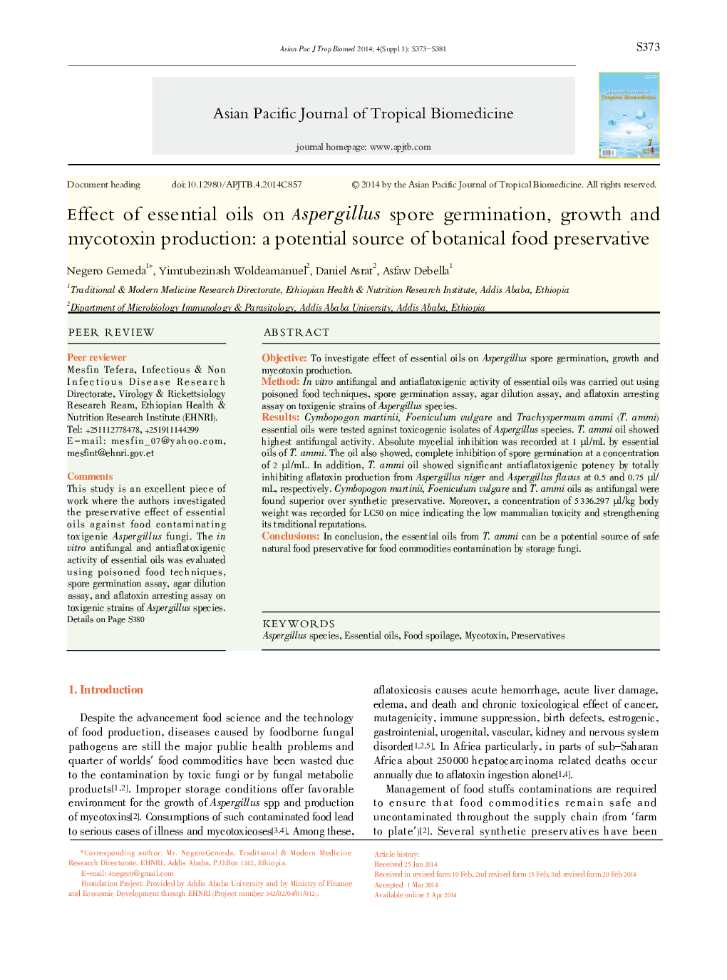 Effect of essential oils on Aspergillus spore germination, growth and mycotoxin production: a potential source of botanical food preservative 