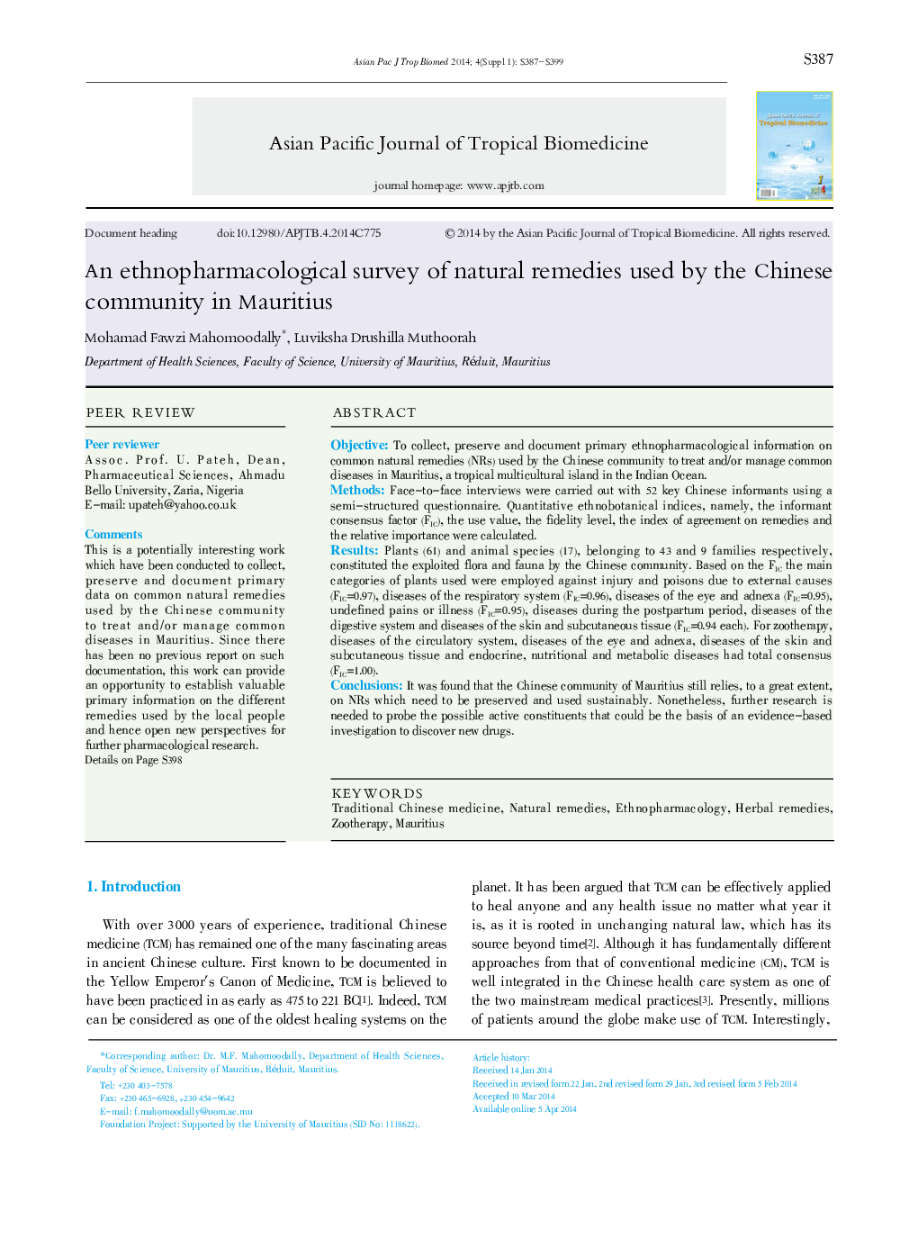 An ethnopharmacological survey of natural remedies used by the Chinese community in Mauritius 