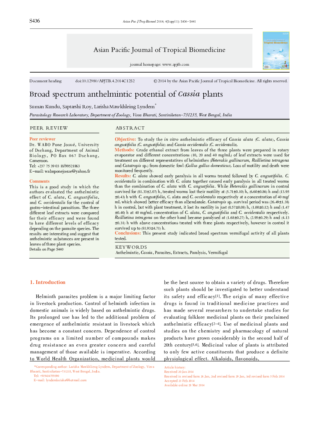 Broad spectrum anthelmintic potential of Cassia plants 