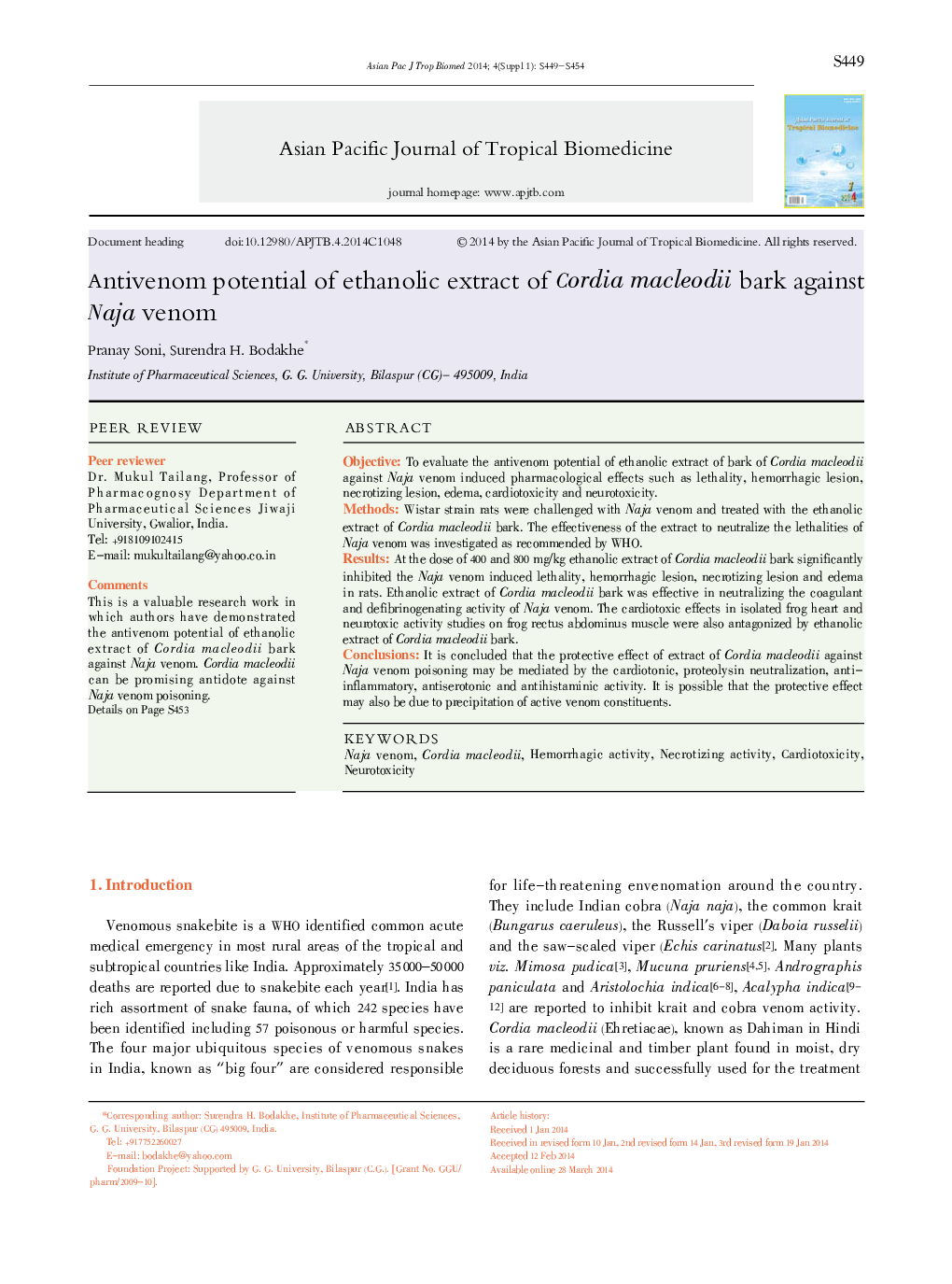 Antivenom potential of ethanolic extract of Cordia macleodii bark against Naja venom 