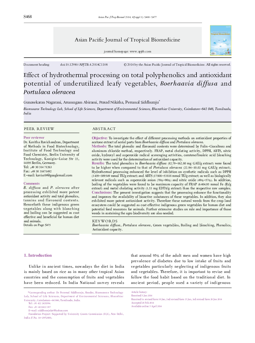 Effect of hydrothermal processing on total polyphenolics and antioxidant potential of underutilized leafy vegetables, Boerhaavia diffusa and Portulaca oleracea 