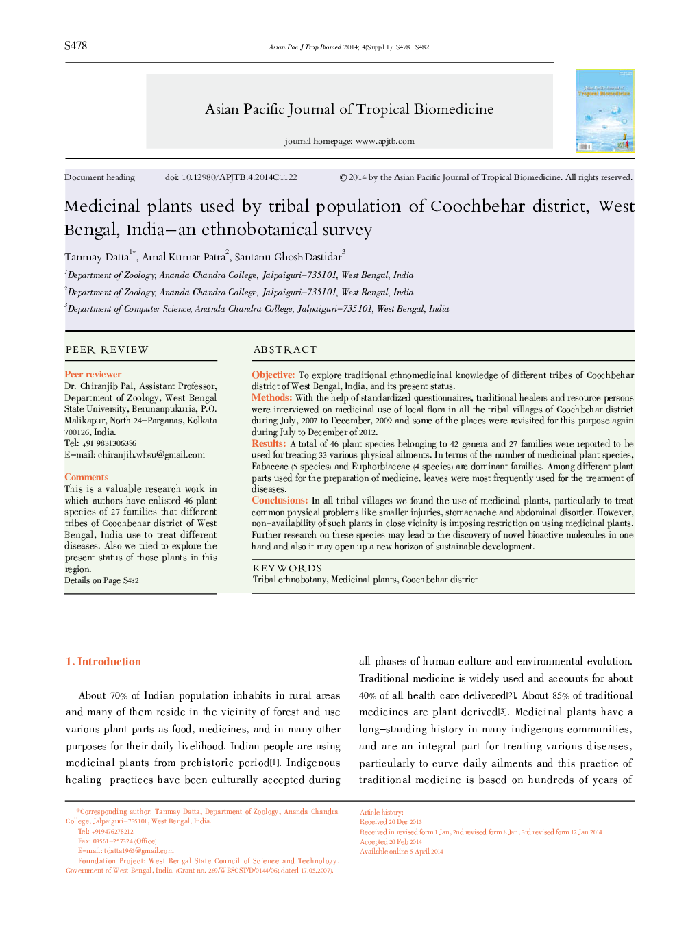 Medicinal plants used by tribal population of Coochbehar district, West Bengal, India–an ethnobotanical survey 