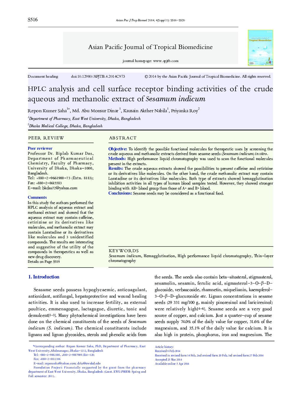 HPLC analysis and cell surface receptor binding activities of the crude aqueous and methanolic extract of Sesamum indicum 