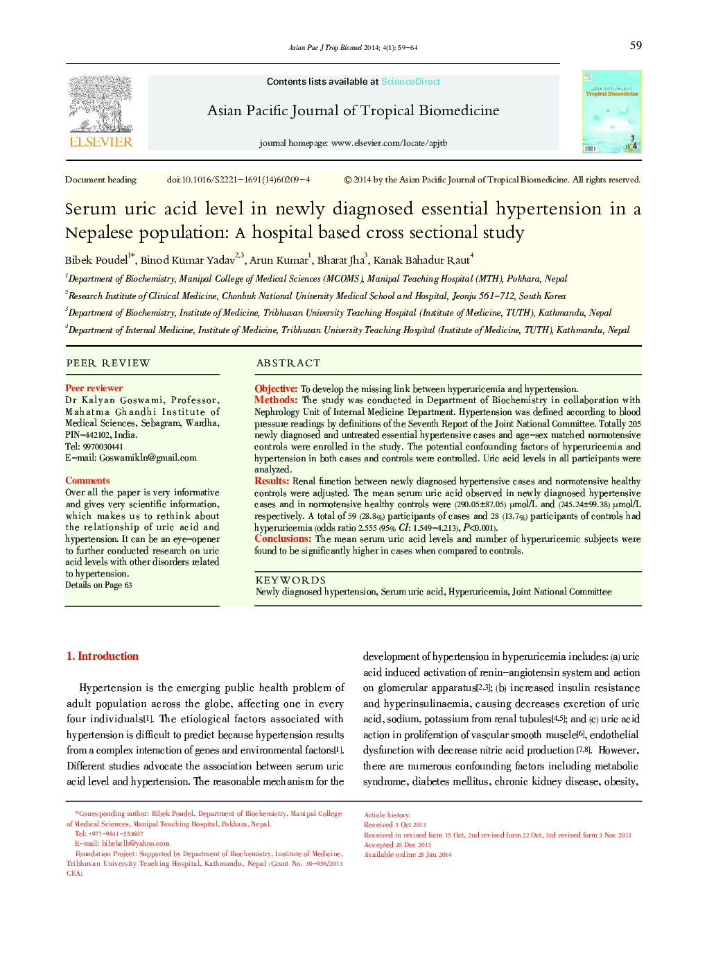 Serum uric acid level in newly diagnosed essential hypertension in a Nepalese population: A hospital based cross sectional study