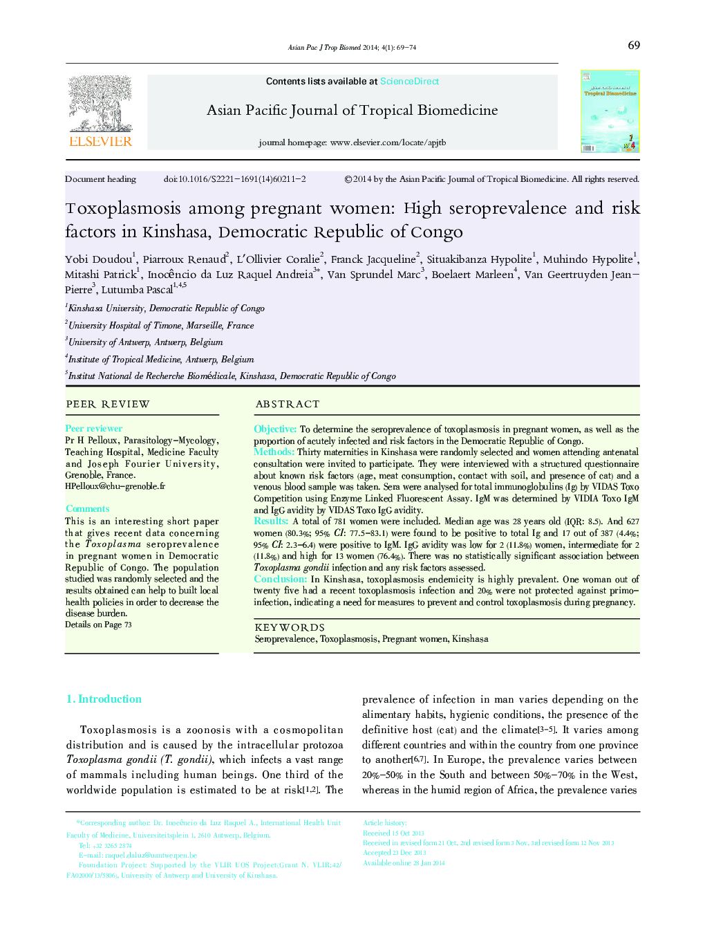 Toxoplasmosis among pregnant women: High seroprevalence and risk factors in Kinshasa, Democratic Republic of Congo