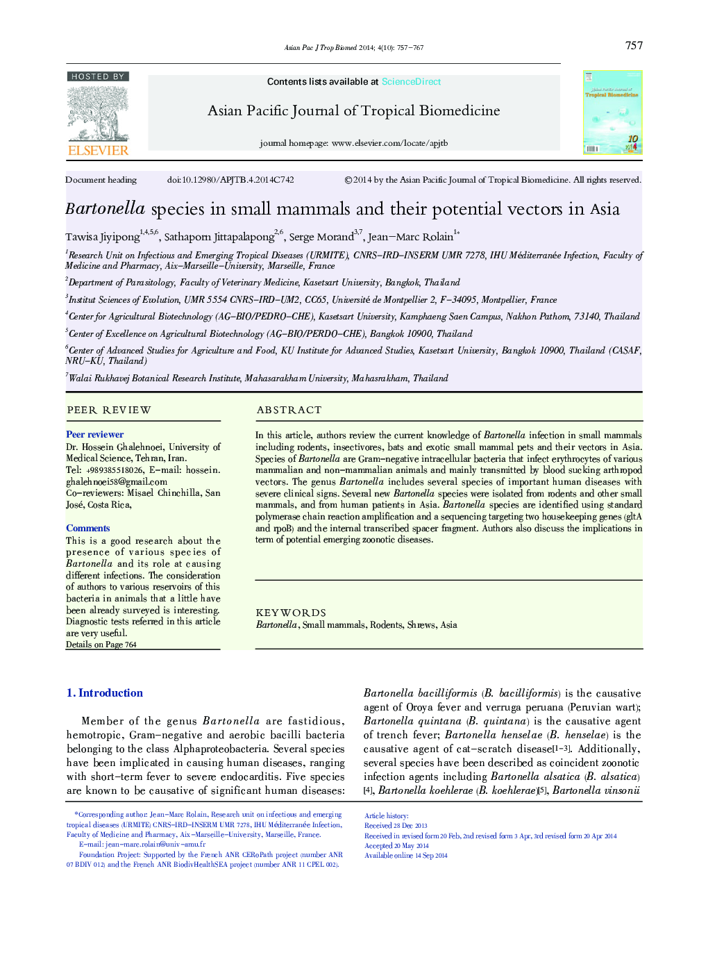 Bartonella species in small mammals and their potential vectors in Asia 